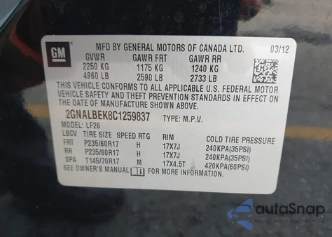 2012 Chevrolet Equinox Ls z USA, uszkodzony, nr VIN 2GNALBEK8C1259837